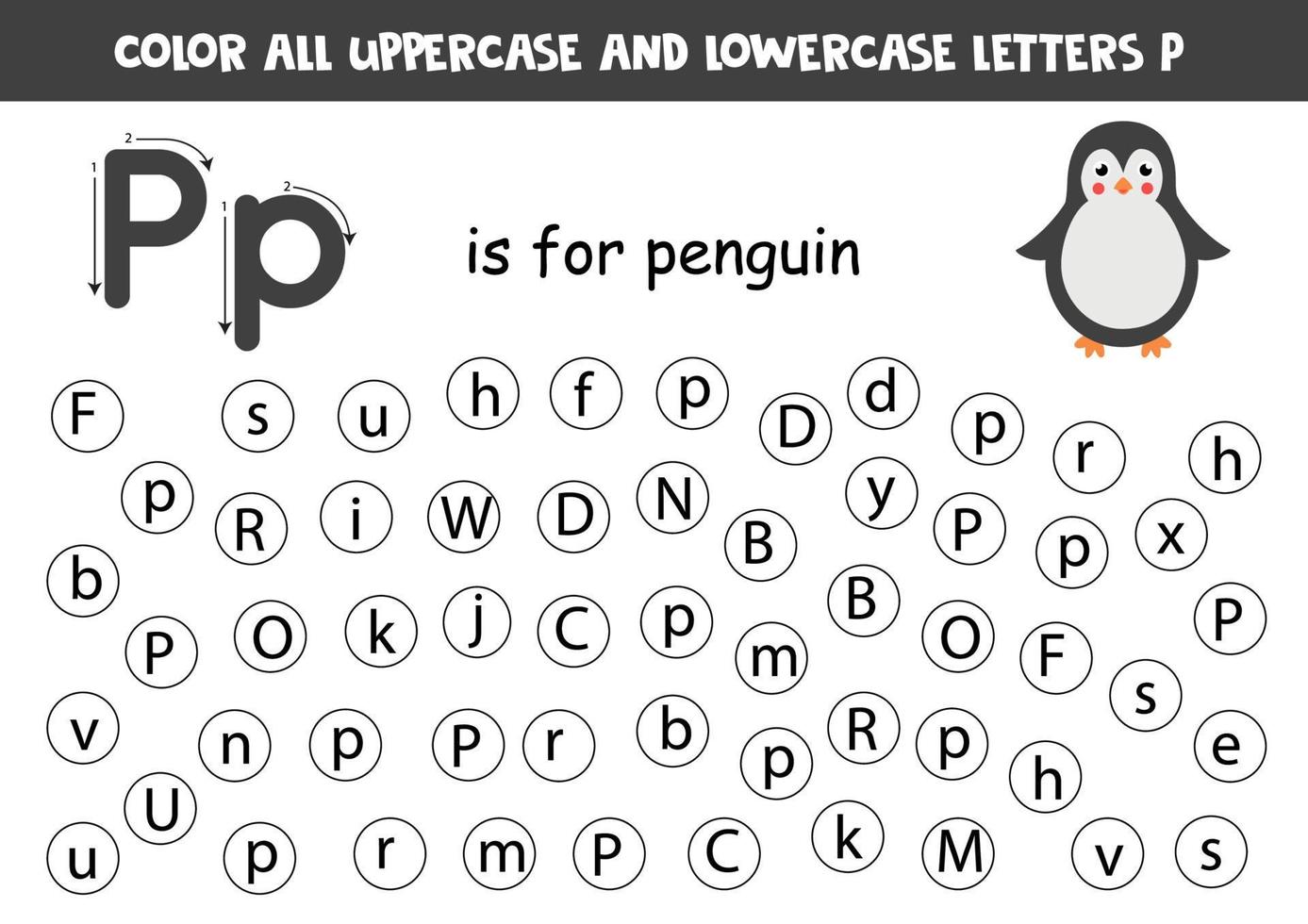 Dot all letters P. Educational worksheet for learning alphabet. vector