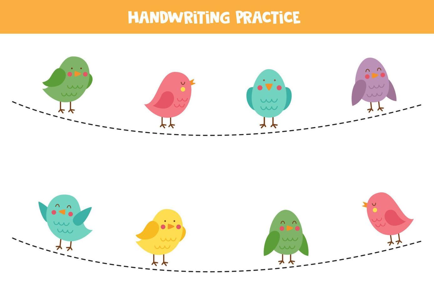 Tracing lines for kids with colorful birds. Handwriting practice. vector