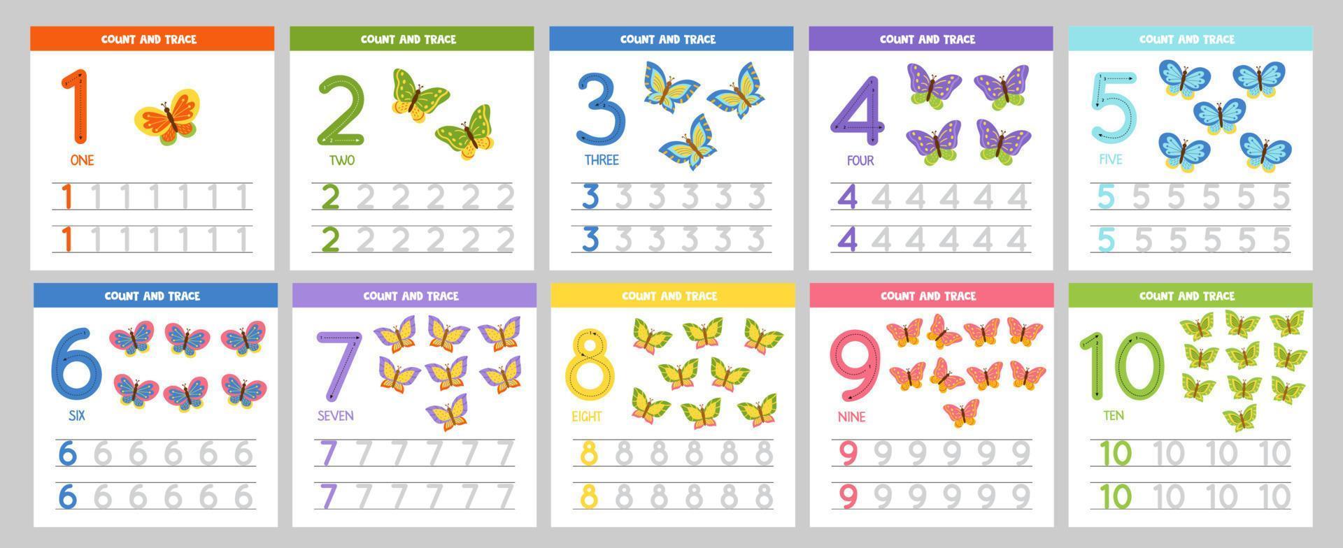 conjunto de tarjetas de seguimiento de números con lindas mariposas. aprender números para niños. vector