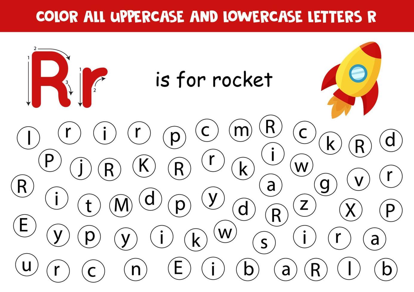 Dot all letters R. Educational worksheet for learning alphabet. vector