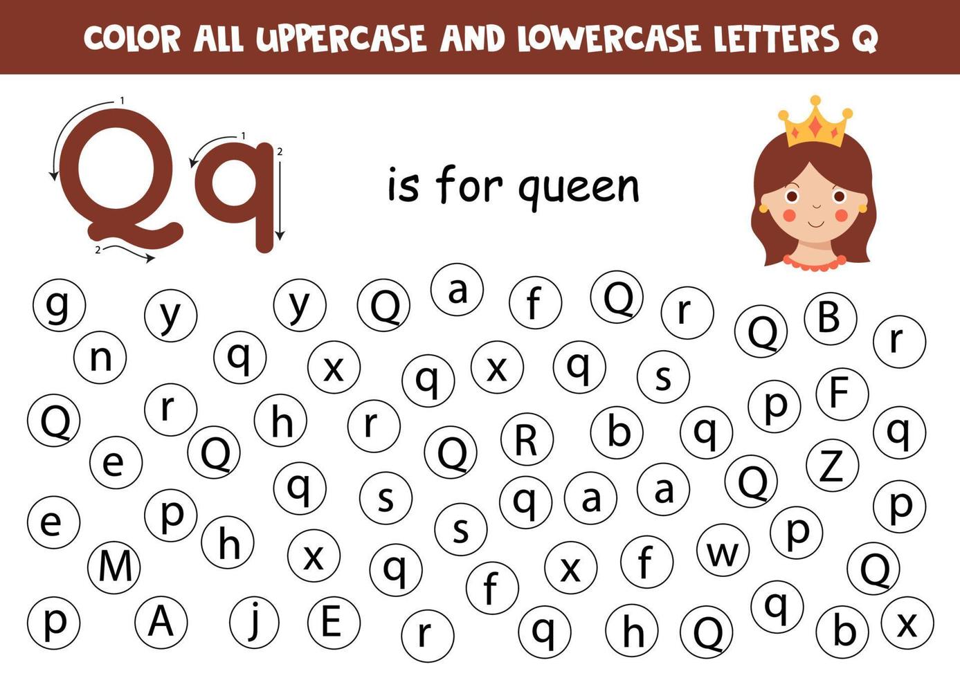 Dot all letters Q. Educational worksheet for learning alphabet. vector