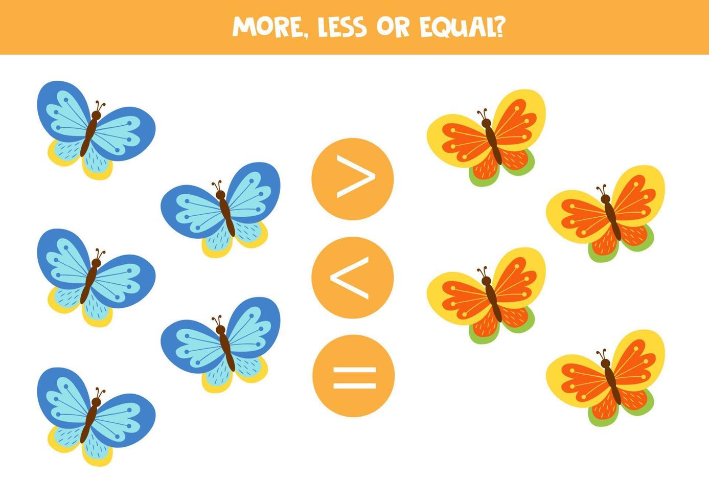 More, less, equal with cute cartoon butterflies. Math game for kids. vector