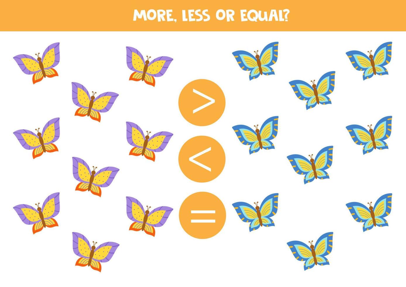 More, less, equal with cute cartoon butterflies. Math game for kids. vector