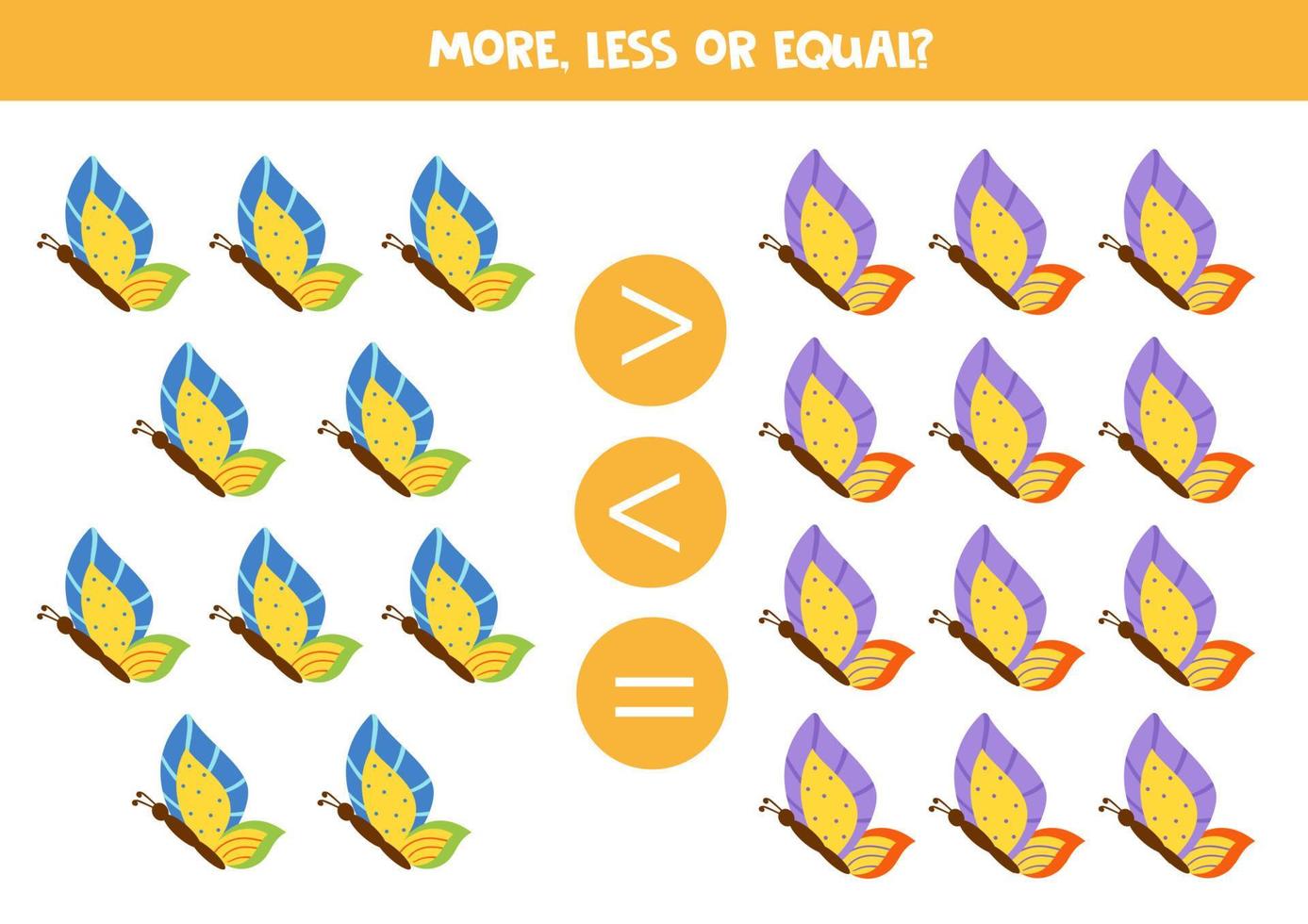 More, less, equal with cute cartoon butterflies. Math game for kids. vector