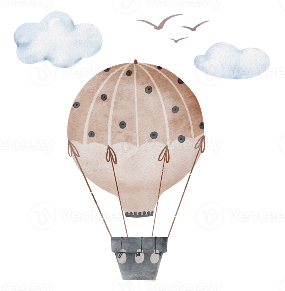 Hot air balloon watercolor illustration in cartoon style. This is an illustration of a baby shower. png