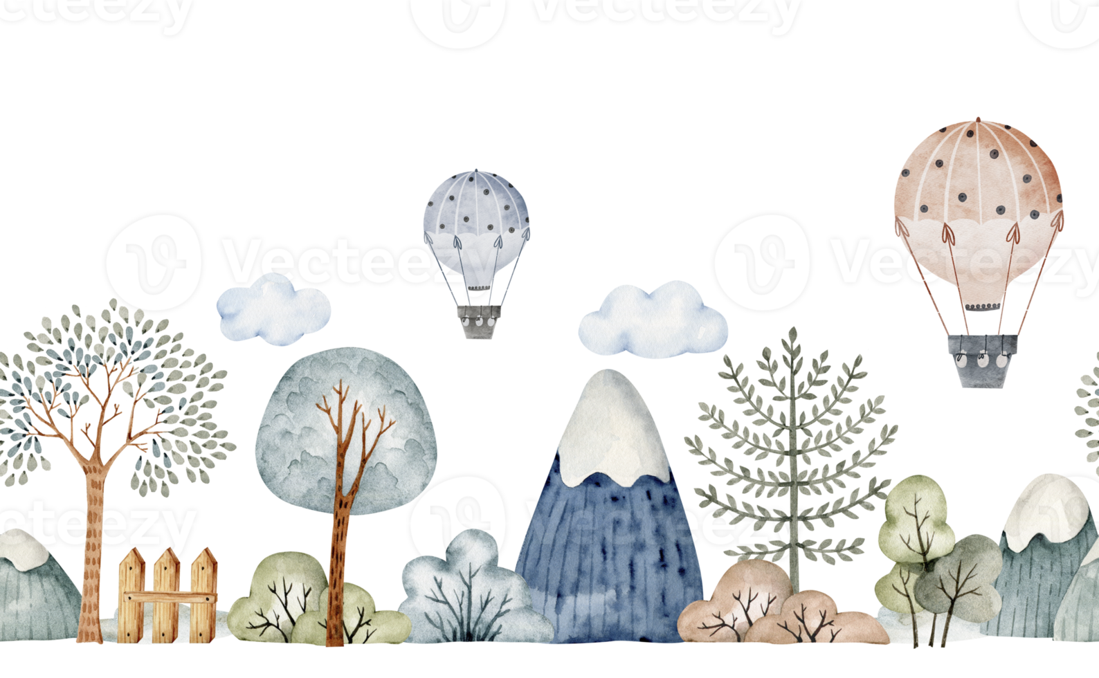 naadloos grens met natuur en heet lucht ballon, tekenfilm stijl waterverf illustratie. png