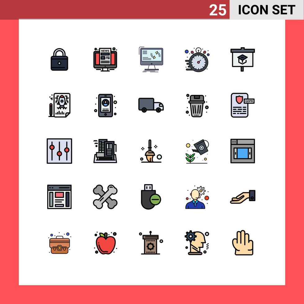 Mobile Interface Filled line Flat Color Set of 25 Pictograms of chart hours sync hour clock Editable Vector Design Elements