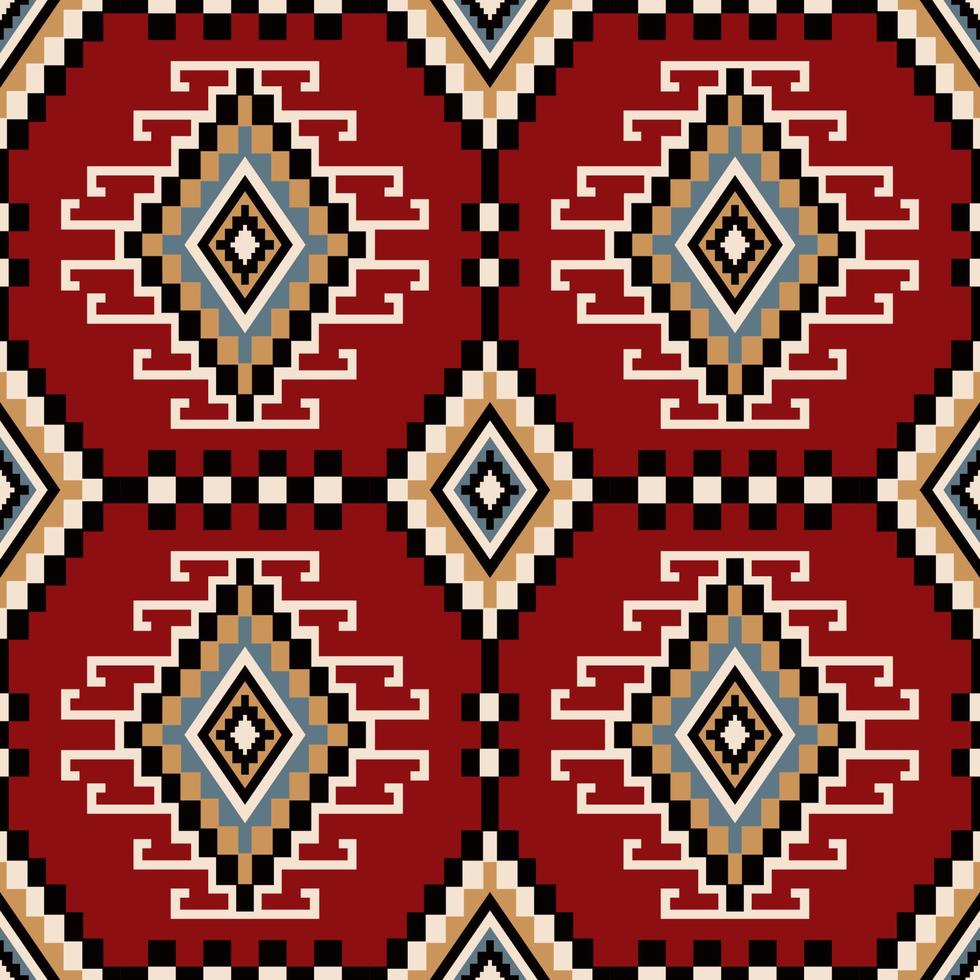 Colorful ethnic geometric square pattern. Aztec Kilim geometric diamond shape in square pattern on red color background. Use for fabric, textile, home decoration elements, upholstery, wrapping. vector