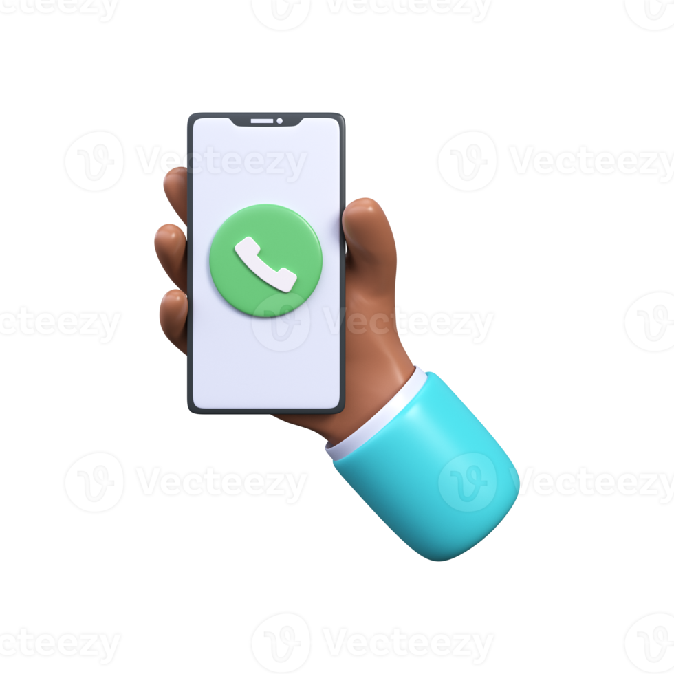 Phone call button on smartphone screen. The hand holds a smartphone with an incoming call. Pick up the phone. 3d render png