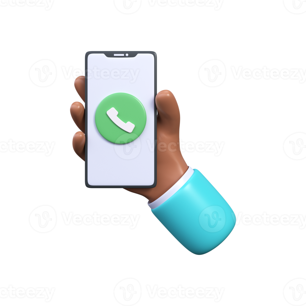 botón de llamada telefónica en la pantalla del teléfono inteligente. la mano sostiene un teléfono inteligente con una llamada entrante. coger el teléfono. renderizado 3d png