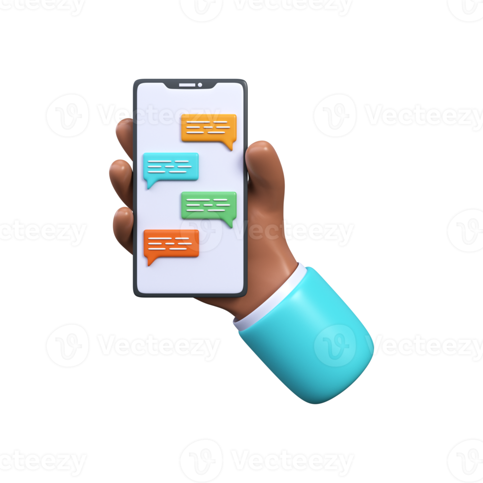 3d illustration of a chat on a mobile phone. Hand with smartphone and speech chatting. SMS exchange png