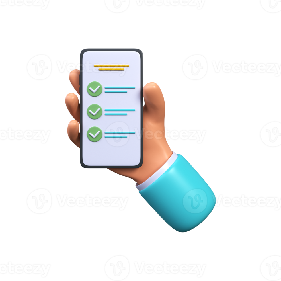 Hand holding smartphone with list mobile app. Successful completion of tasks. To-do list, done, completed png