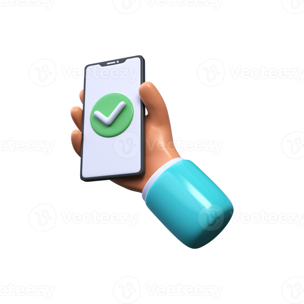 3D Hand holding a smartphone with a check mark on the screen. Green tick icon png