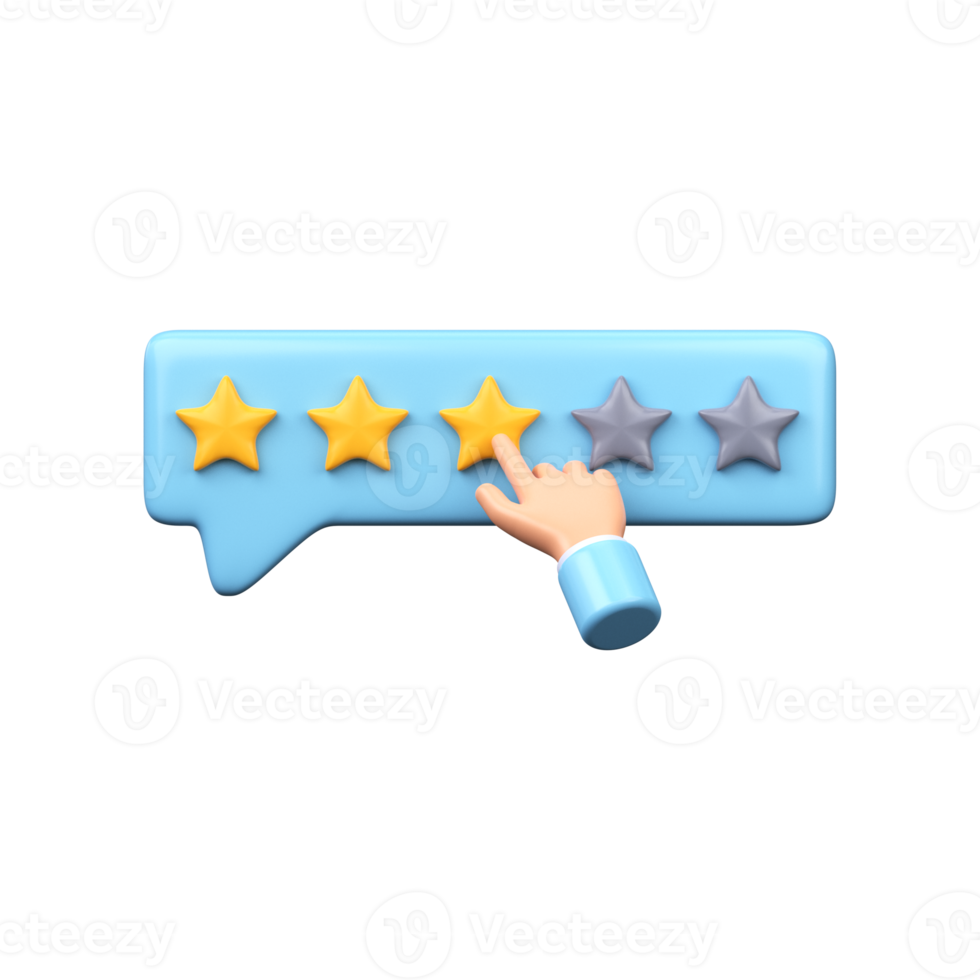 The hand leaves a rating of three stars out of a possible five. 3D render png