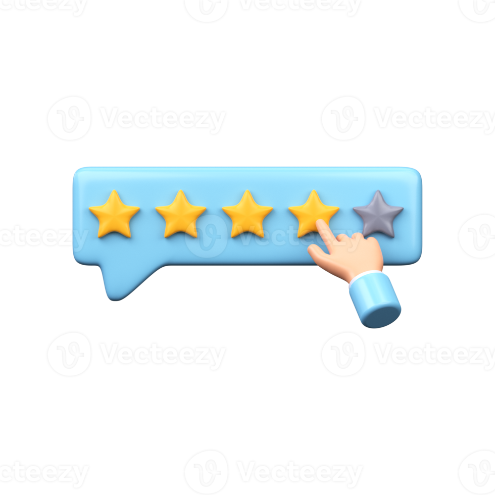 The hand leaves a rating of four stars out of a possible five. 3D render png