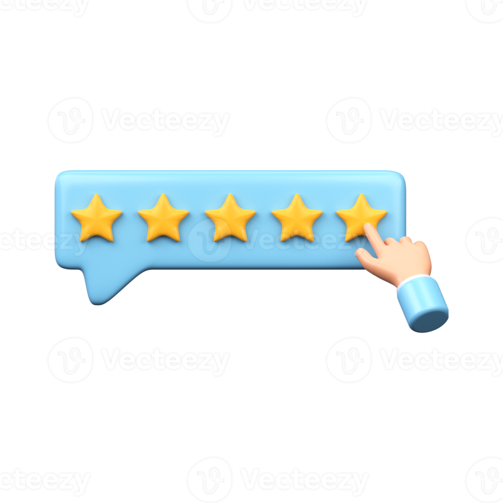 The hand leaves a rating of five stars out of a possible five. 3D render png