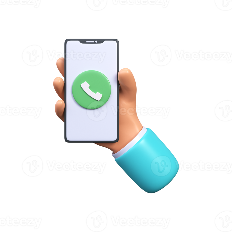 Phone call button on smartphone screen. The hand holds a smartphone with an incoming call. Pick up the phone. 3d render png