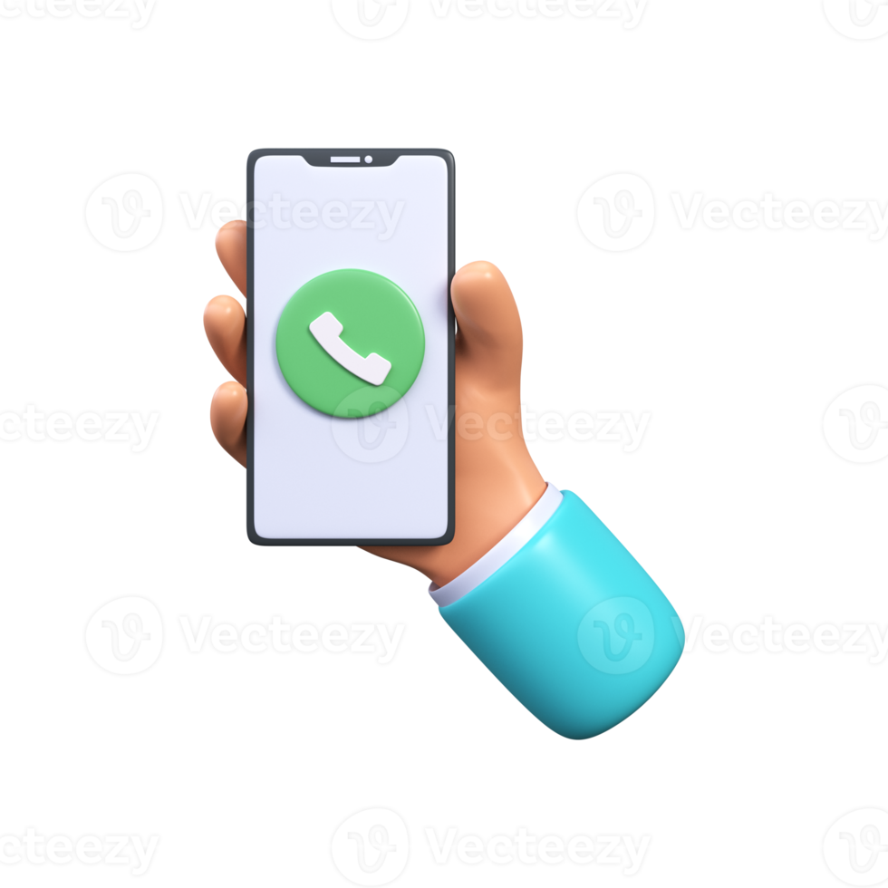 telefon ring upp knapp på smartphone skärm. de hand innehar en smartphone med ett inkommande ringa upp. plocka upp de telefon. 3d framställa png