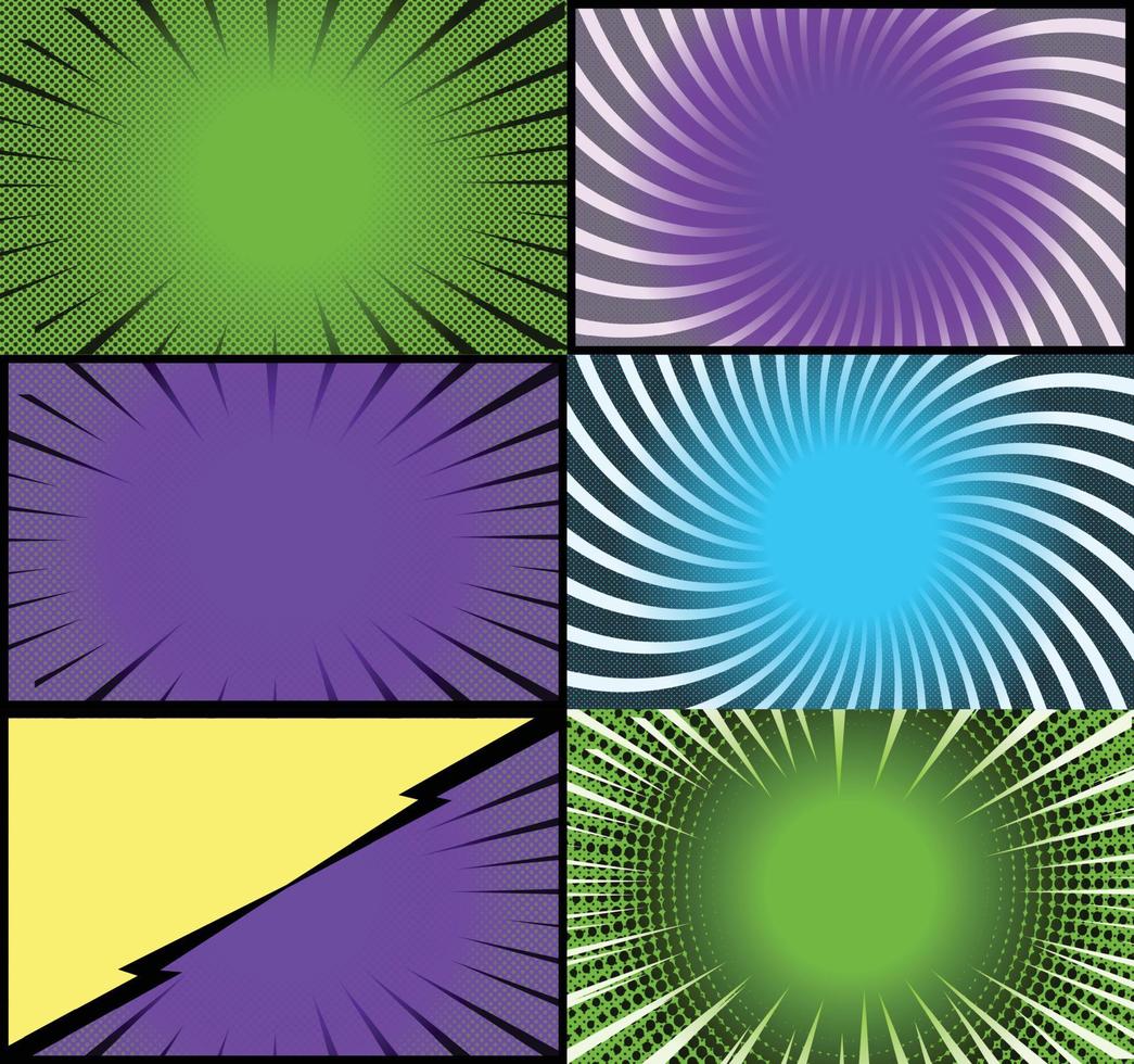 Comic book colorful frames background with halftone rays radial and dotted effects pop art style vector