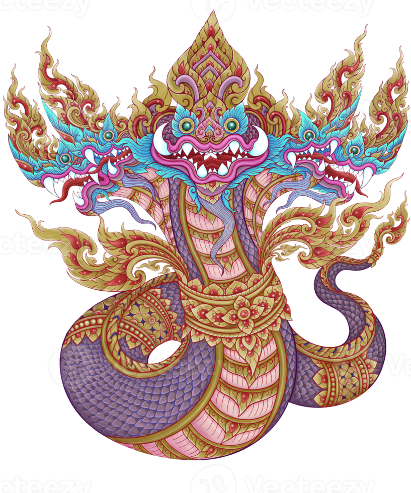 Naga 5 Heads of Hand-Drawn of in Thai Art Style of Religious Buddhism in Purple Color png