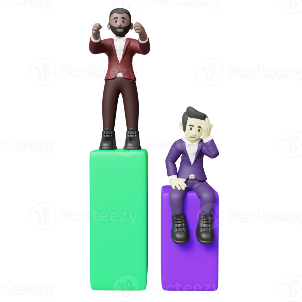 Happy businessman beat his competitor 3d illustration. 3d character of businessman with statistic bar png