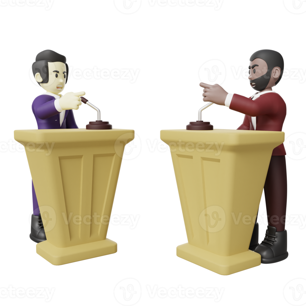 Politician debate 3d illustration. Angry man debate on a platform and pointing each other 3d render png