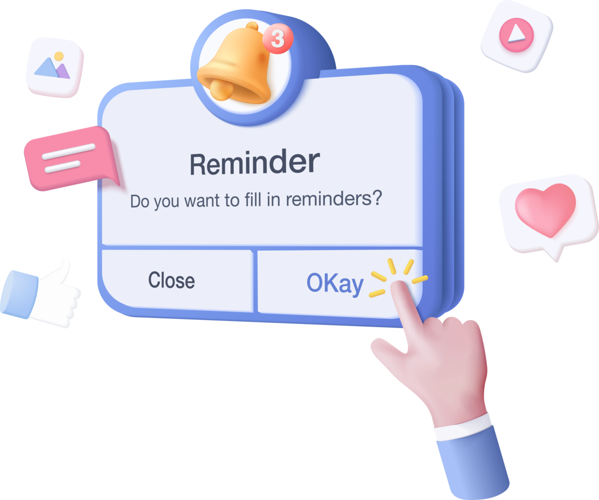 3D reminder in calendar. notifications page with floating elements. Alert for business planning ,events, reminder and timetable in background. 3d vector bell render on calendar png