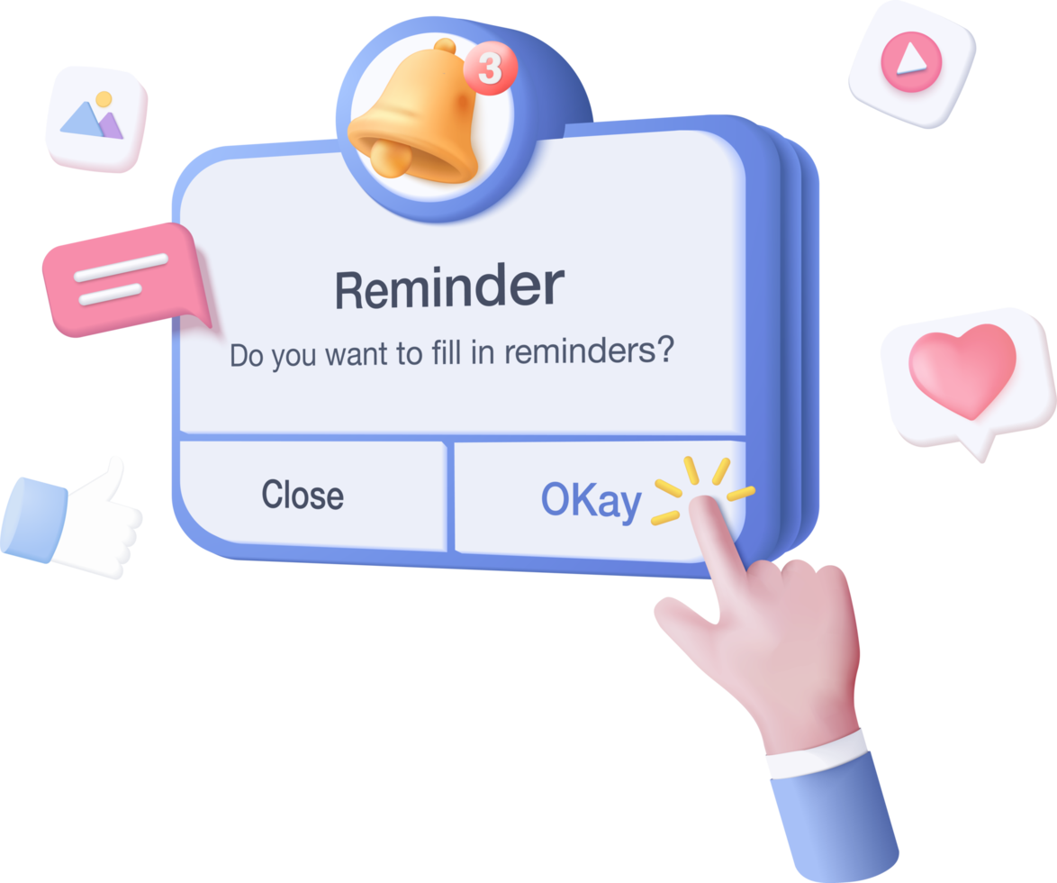 lembrete 3d no calendário. página de notificações com elementos flutuantes. alerta para planejamento de negócios, eventos, lembretes e horários em segundo plano. renderização de sino de vetor 3D no calendário png