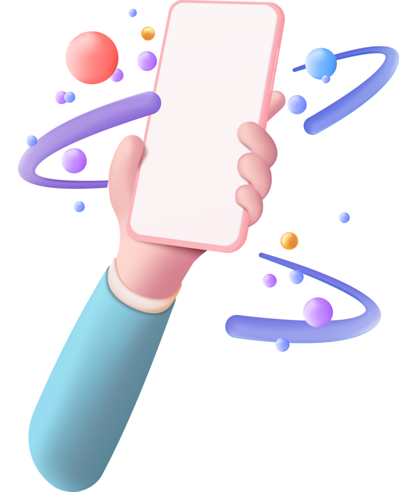 3D hand holding mobile phone isolated on pastel background png