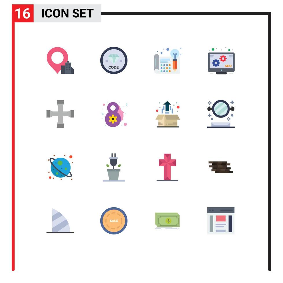 Pack of 16 Modern Flat Colors Signs and Symbols for Web Print Media such as cross wrench seo creative promotion thinking Editable Pack of Creative Vector Design Elements