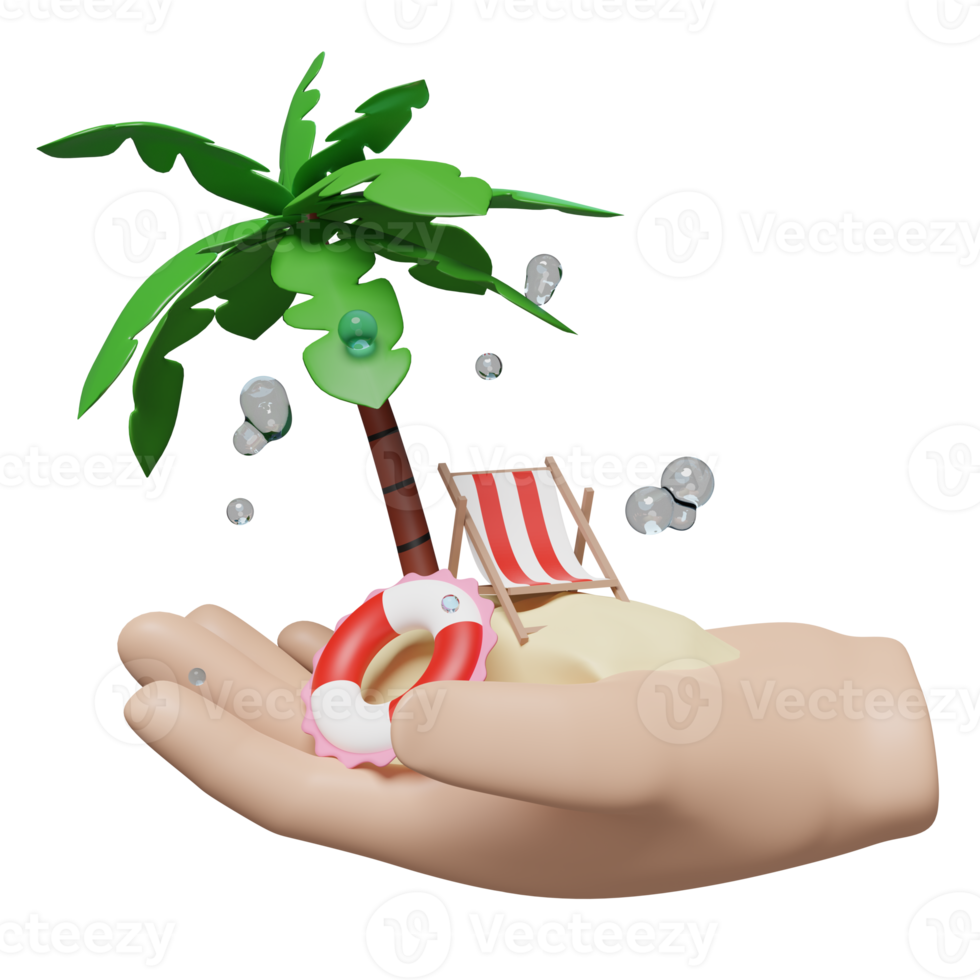 3d summer sea beach with hand holding beach chair, island, lifebuoy, water splash, palm tree isolated. summer travel concept, 3d render illustration png