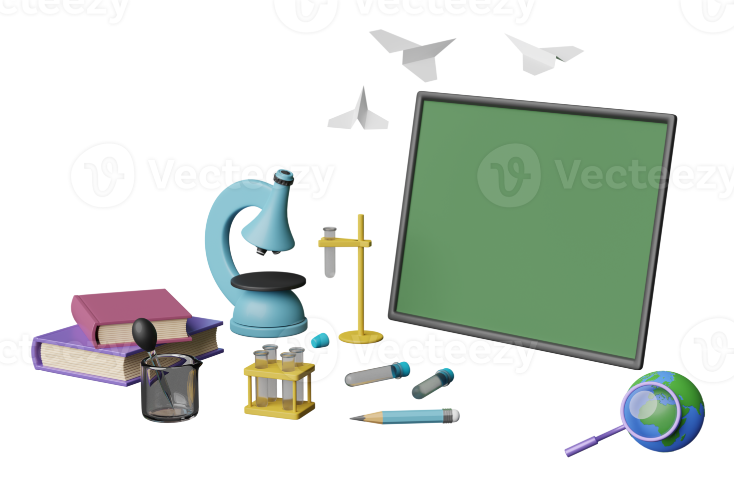 3d groen schoolbord met wereldbol, papier vlak, vergroten, microscoop, beker, test buis geïsoleerd. kamer online vernieuwend opleiding, e-learning concept, 3d geven illustratie png