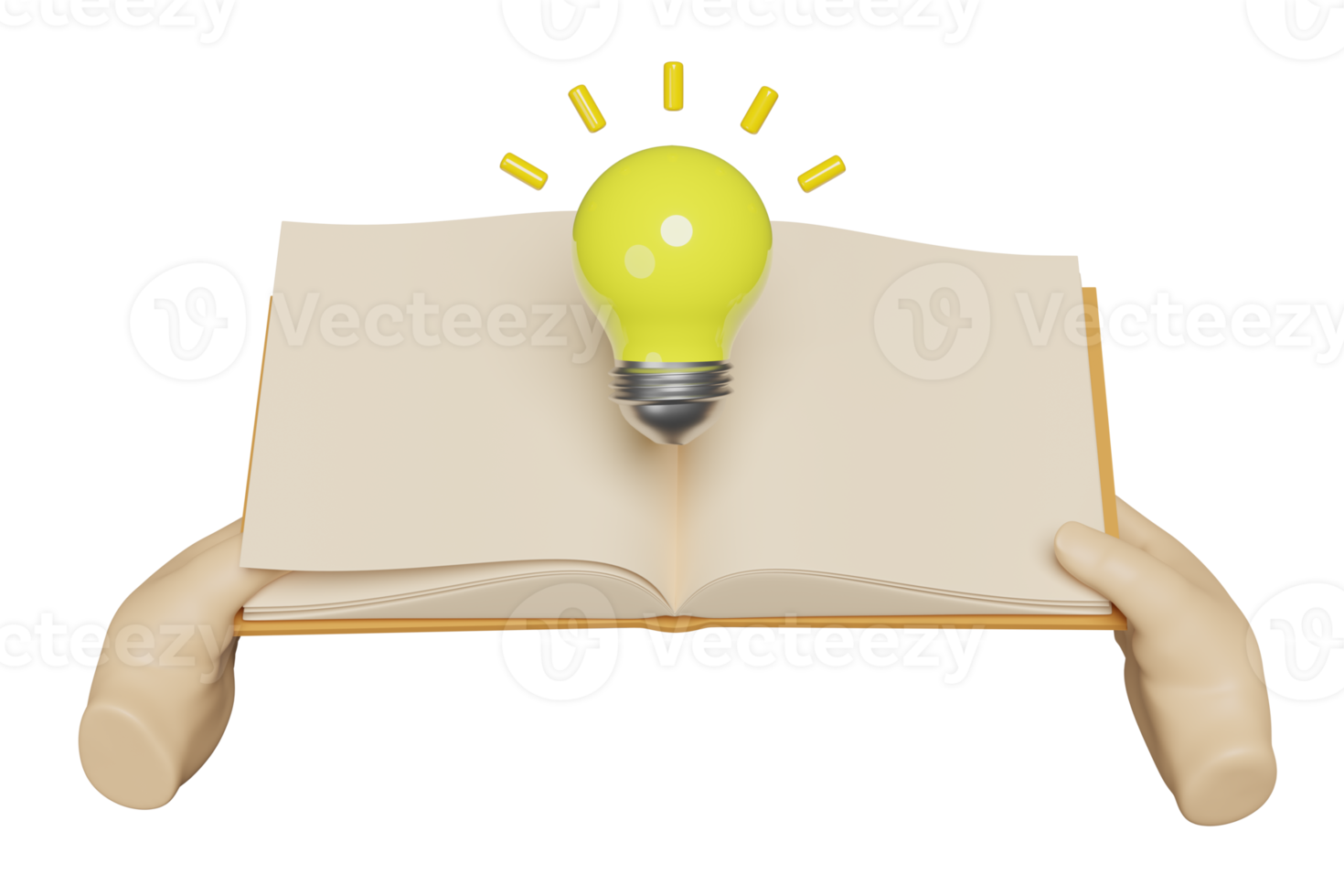 3D Hand holds open book with yellow light bulb isolated. idea tip education, knowledge creates ideas concept, minimal abstract, 3d render illustration png