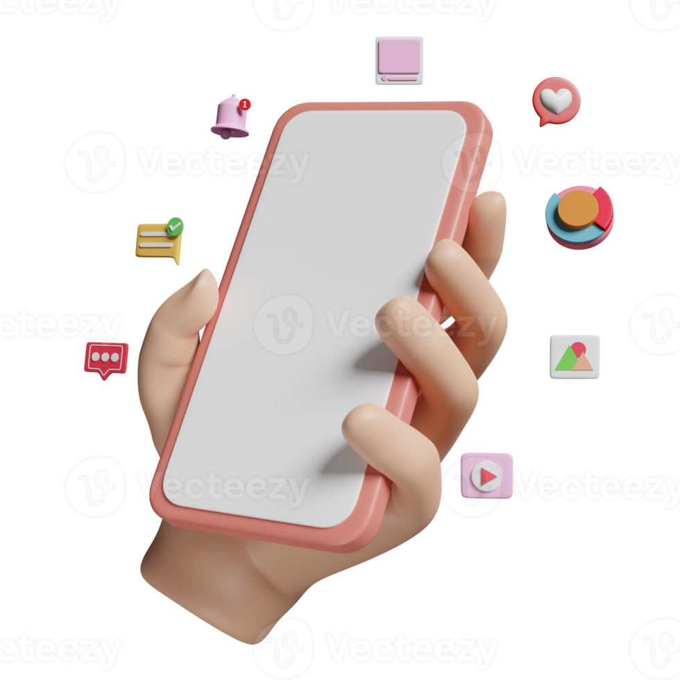Mídia social 3D com a mão segurando o celular, ícones de smartphone isolados. social online, aplicativos de comunicação, conceito de modelo mínimo, ilustração de renderização 3d png