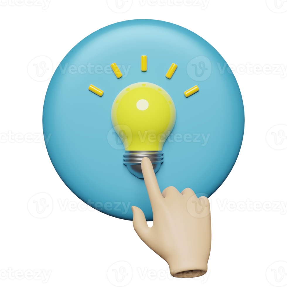 3d hand press blue button with yellow light bulb isolated. idea tip education, knowledge creates ideas concept, minimal abstract, 3d render illustration png