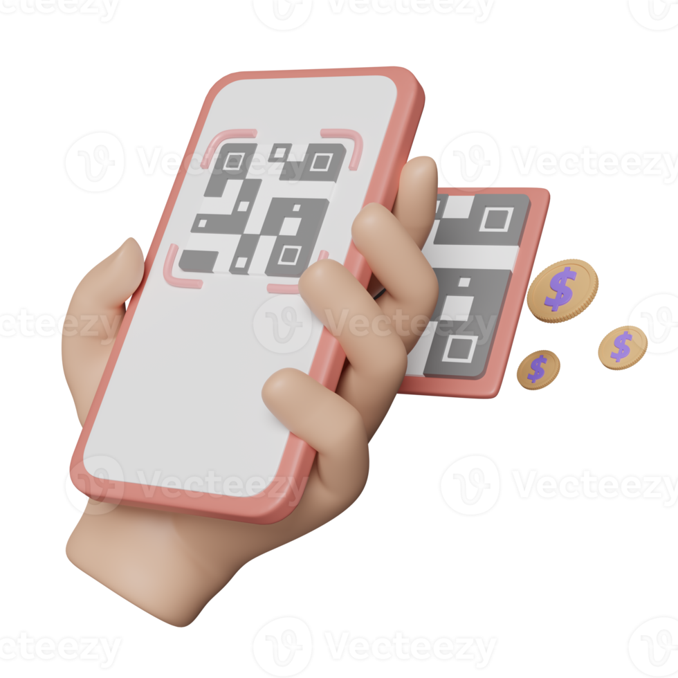 3d mano sosteniendo teléfono móvil, teléfono inteligente con escáner de código qr, monedas aisladas. pago sin efectivo, concepto de compras en línea, ilustración 3d png