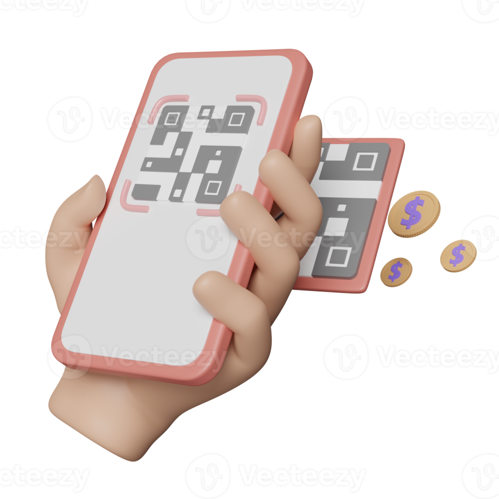 3d hand holding mobile phone, smartphone with qr code scanner, coins isolated. cashless payment, online shopping concept, 3d render illustration png