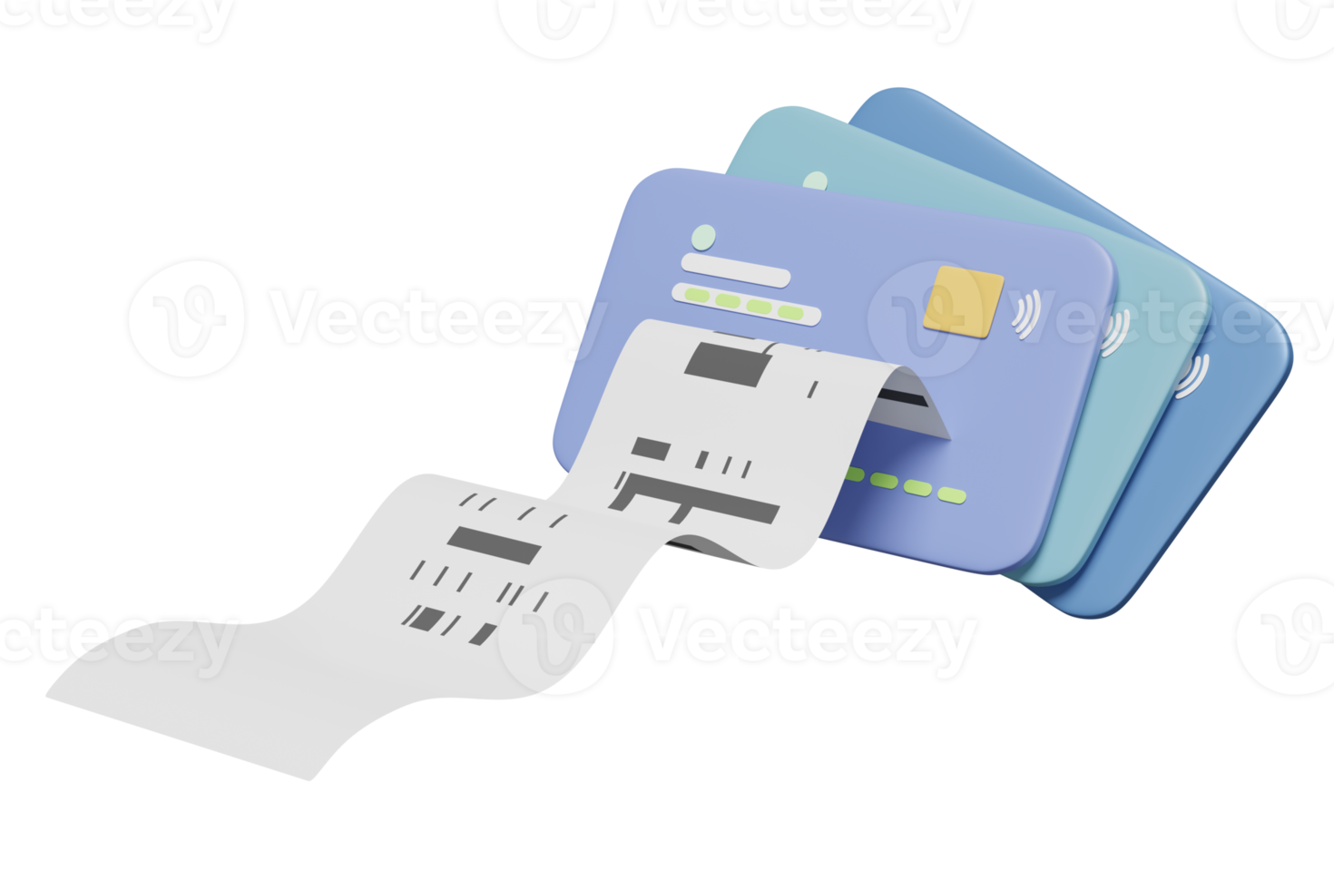 3d credit card stack with invoice, paper receipt, electronic bill payment isolated. 3d render illustration png