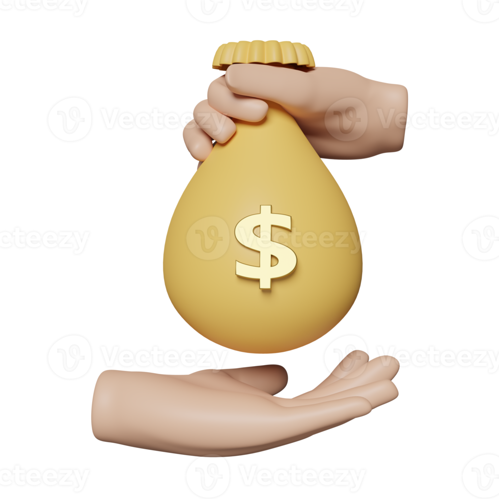 3d cartoon hands holding money bag isolated. Quick credit approval or loan approval, minimal concept, 3d render illustration png