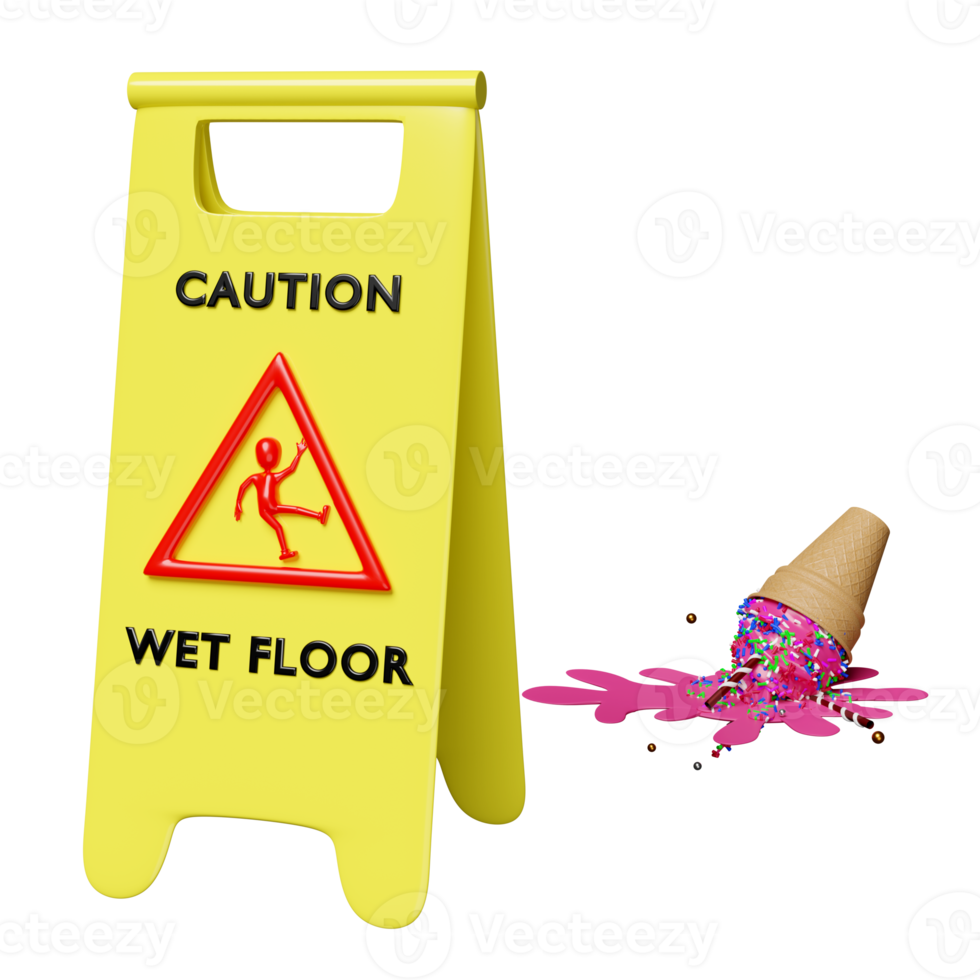 caution slippery or wet floor caution plastic sign with ice cream cones fallen on the floor isolated. warning symbol, 3d render illustration png