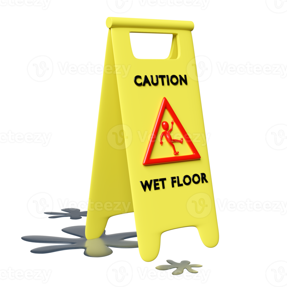 caution slippery or wet floor caution plastic sign with wet area isolated. warning symbol, 3d render illustration png