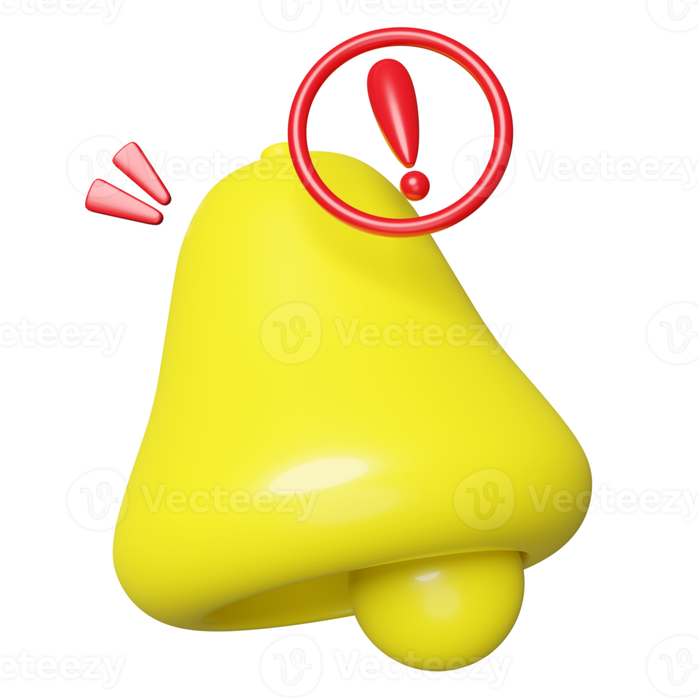 3D warning bell notification floating with red exclamation mark isolated. 3d illustration render png