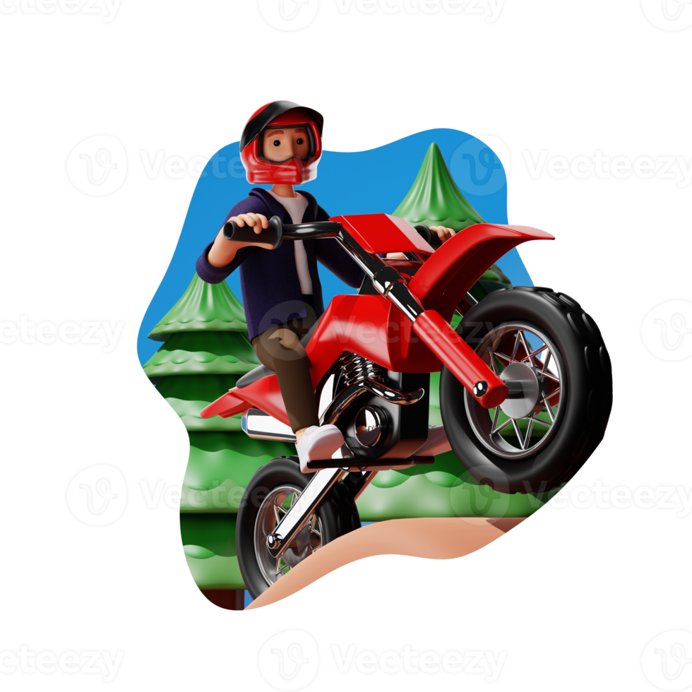 Man riding motorbike and doing extreme stunts, 3D character illustration png