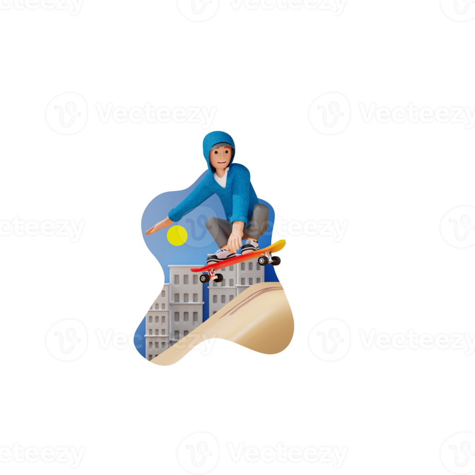 Man riding skateboard 3D character illustration png