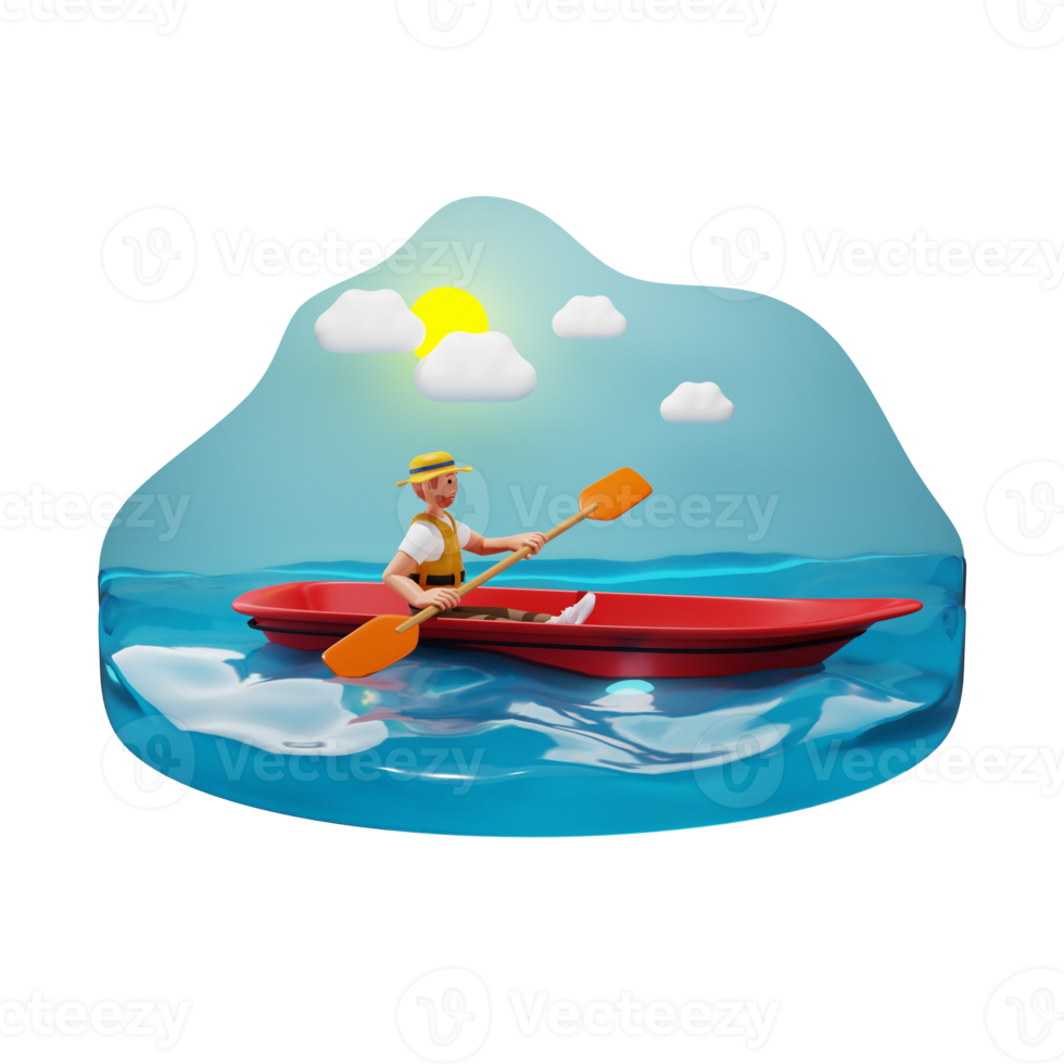 Man do river rafting, 3D character illustration png