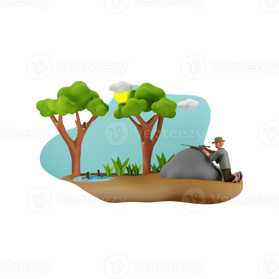 Man hunting while hide behind rocks, 3D character illustration png