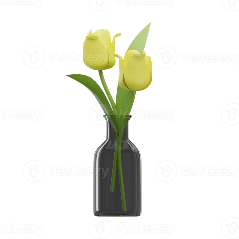 3D yellow tulips in vase isolated. 3D rendering png