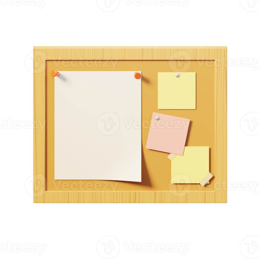 bulletin board with note paper. 3D rendering png