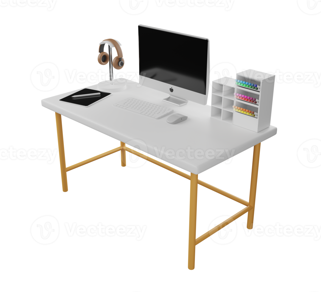 Desk with computer, earphones, pen. 3D rendering. png