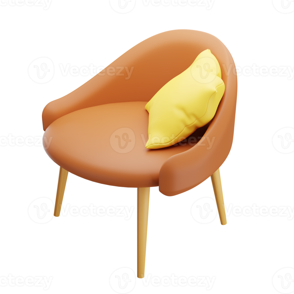 3D brown leather chair with yellow pillow. 3D rendering png